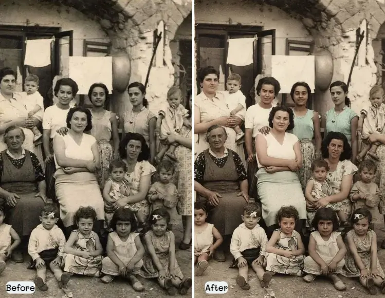 Collage of restored family photos from different decades showing multiple generations